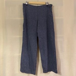 Bryn Walker dark blue 100% linen chambray flat front wide leg pants